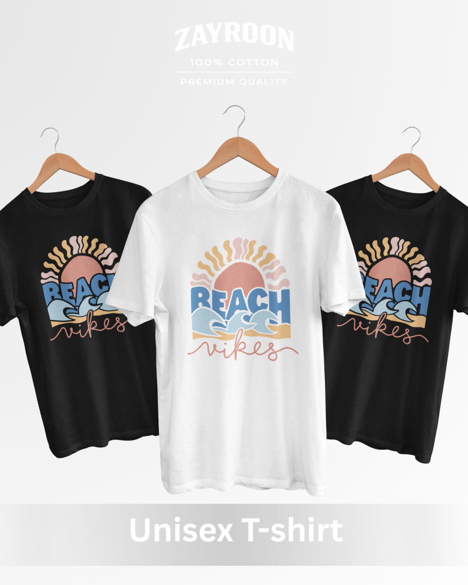 beach vibes graphic t-shirt, premium cotton black tee with sunset and wave design, summer casual wear