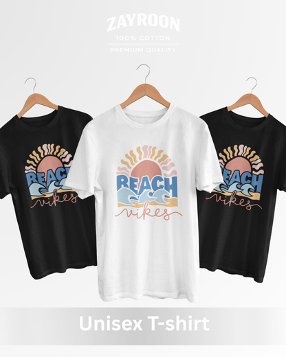 beach vibes graphic t-shirt, premium cotton black tee with sunset and wave design, summer casual wear