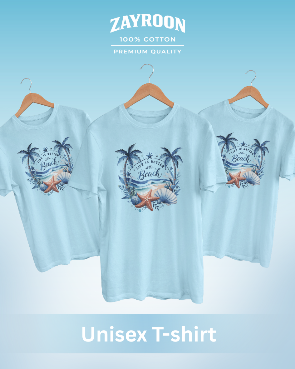 life is better at the beach graphic t-shirt, premium cotton blue tee with tropical beach design, summer casual wear