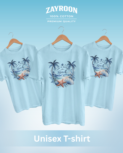 life is better at the beach graphic t-shirt, premium cotton blue tee with tropical beach design, summer casual wear