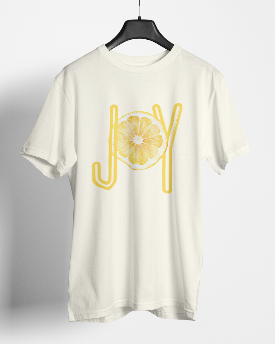 joy lemon graphic t-shirt, premium cotton white tee with citrus design, summer casual wear