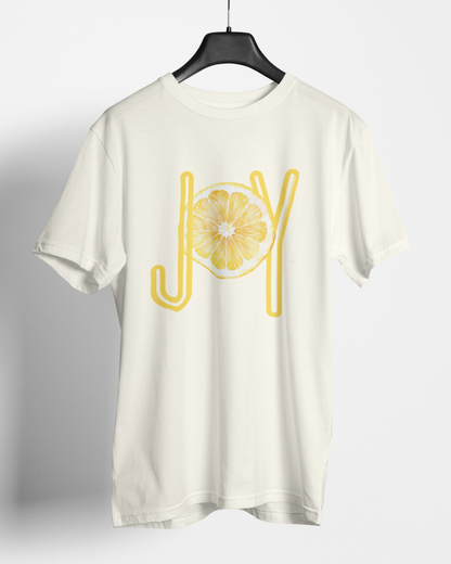 joy lemon graphic t-shirt, premium cotton white tee with citrus design, summer casual wear