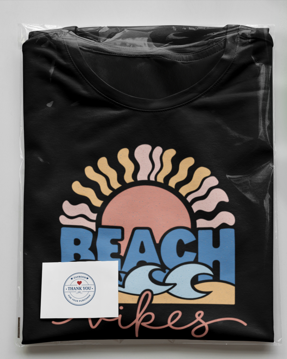beach vibes graphic t-shirt, premium cotton black tee with sunset and wave design, summer casual wear