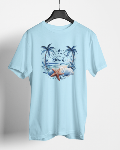 life is better at the beach graphic t-shirt, premium cotton blue tee with tropical beach design, summer casual wear