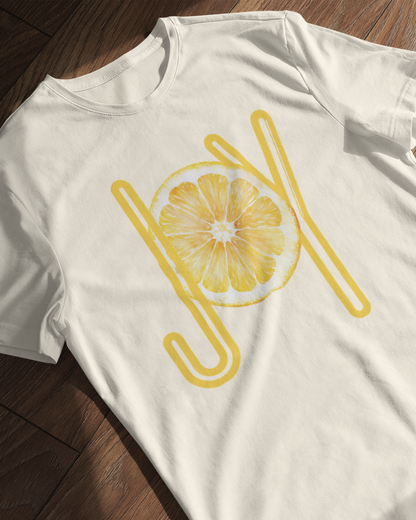 joy lemon graphic t-shirt, premium cotton white tee with citrus design, summer casual wear