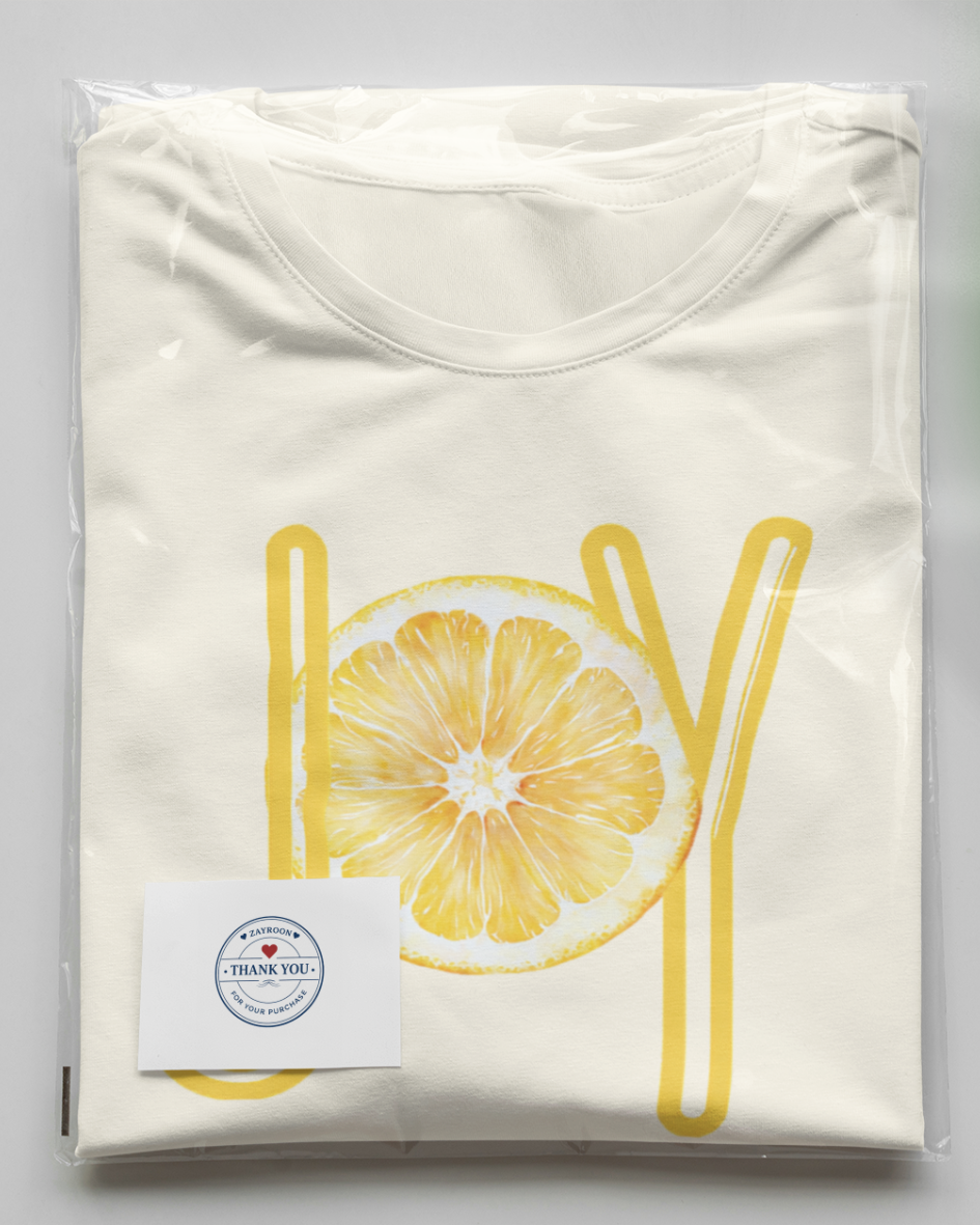 joy lemon graphic t-shirt, premium cotton white tee with citrus design, summer casual wear