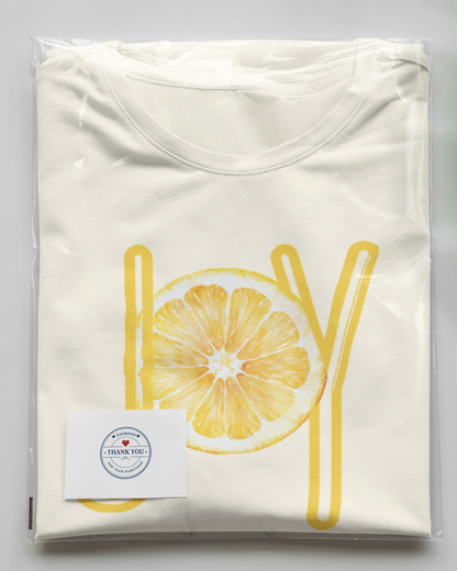 joy lemon graphic t-shirt, premium cotton white tee with citrus design, summer casual wear
