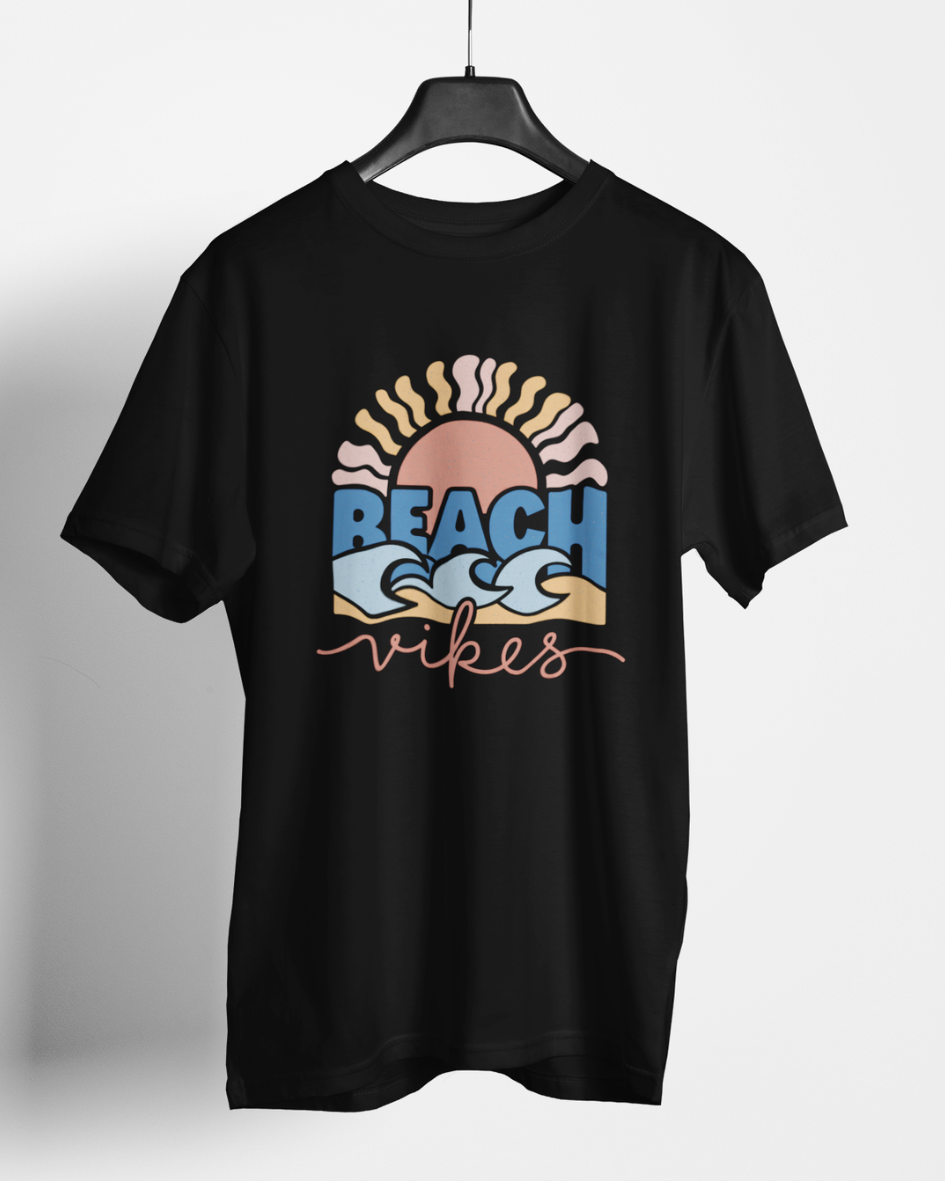 beach vibes graphic t-shirt, premium cotton black tee with sunset and wave design, summer casual wear
