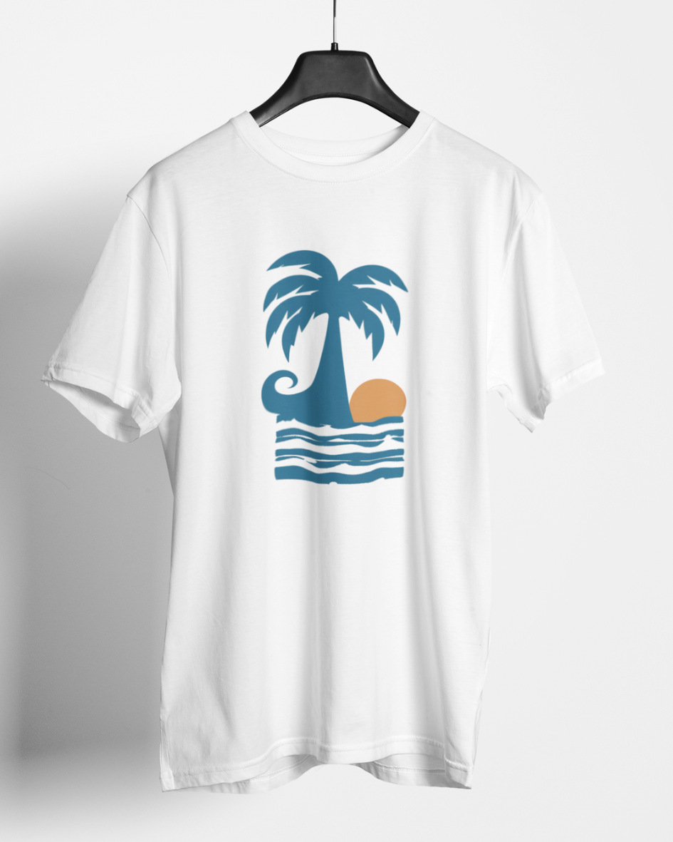 palm sunset beach graphic t-shirt, premium cotton white tee with tropical wave and palm tree design, summer casual wear