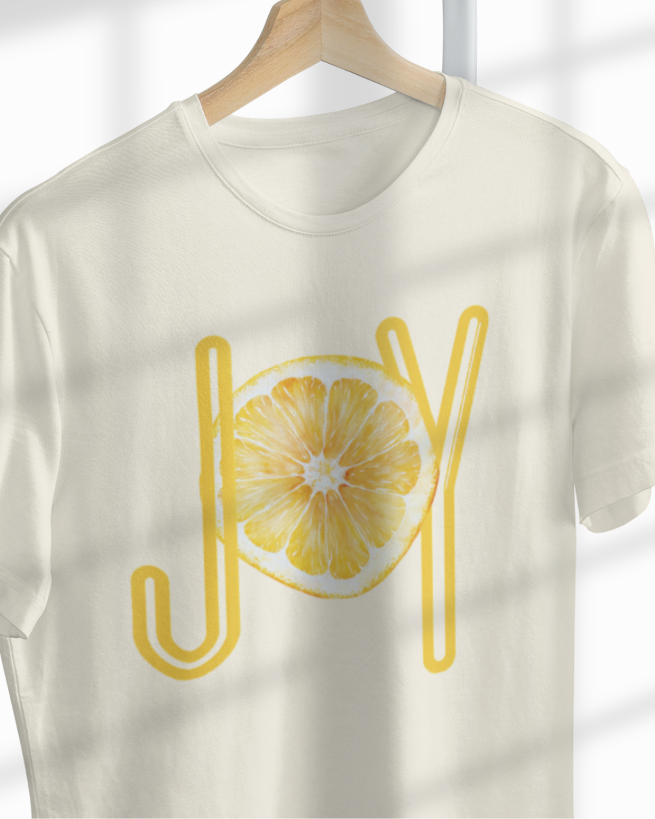 joy lemon graphic t-shirt, premium cotton white tee with citrus design, summer casual wear