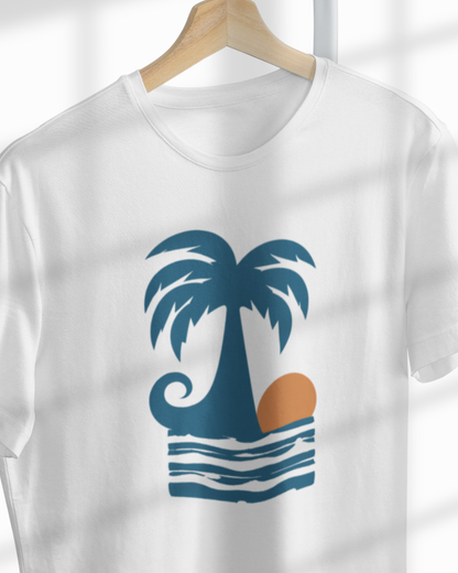 palm sunset beach graphic t-shirt, premium cotton white tee with tropical wave and palm tree design, summer casual wear