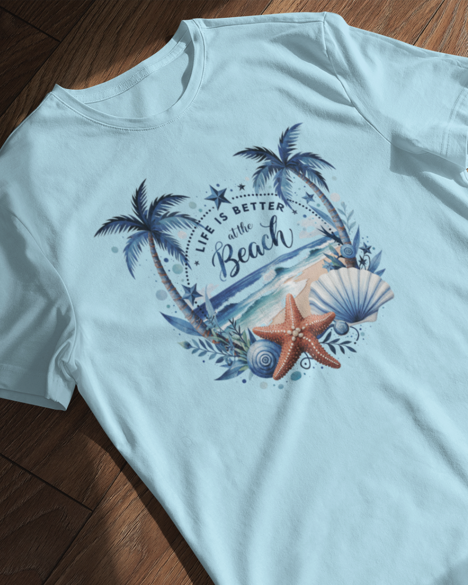 life is better at the beach graphic t-shirt, premium cotton blue tee with tropical beach design, summer casual wear