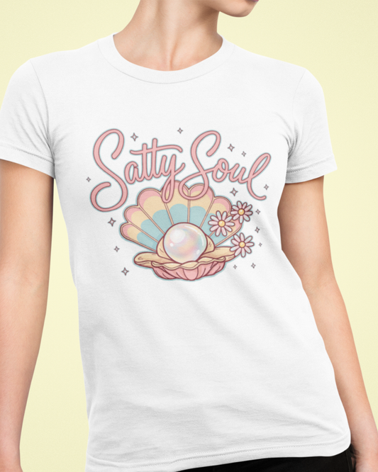 Salty Soul graphic t-shirt for women, premium cotton white tee with shell and beach design