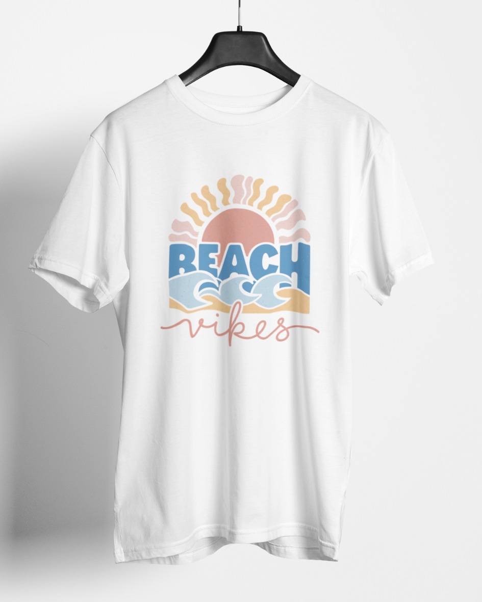 beach vibes graphic t-shirt, premium cotton black tee with sunset and wave design, summer casual wear
