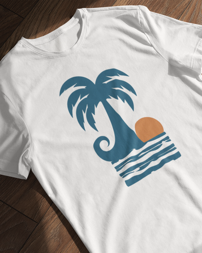 palm sunset beach graphic t-shirt, premium cotton white tee with tropical wave and palm tree design, summer casual wear