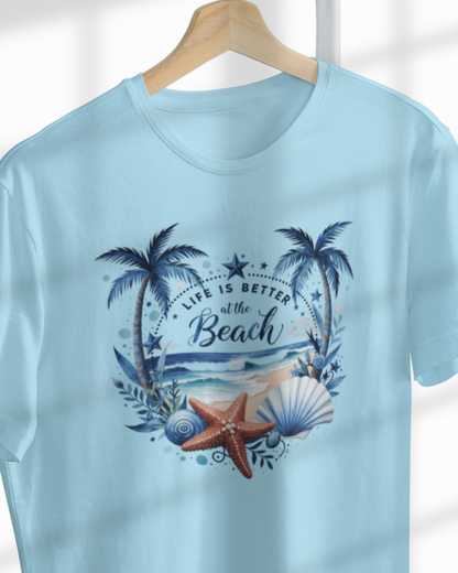 life is better at the beach graphic t-shirt, premium cotton blue tee with tropical beach design, summer casual wear