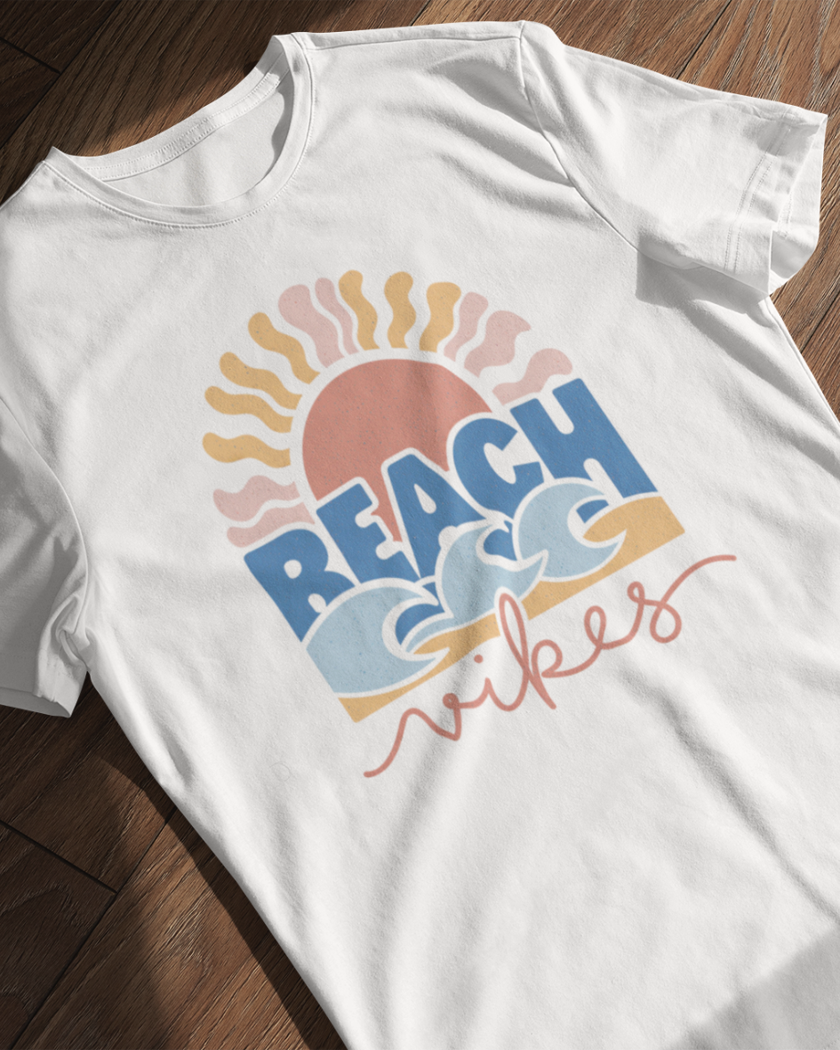 beach vibes graphic t-shirt, premium cotton black tee with sunset and wave design, summer casual wear