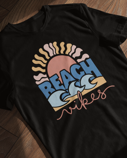 beach vibes graphic t-shirt, premium cotton black tee with sunset and wave design, summer casual wear