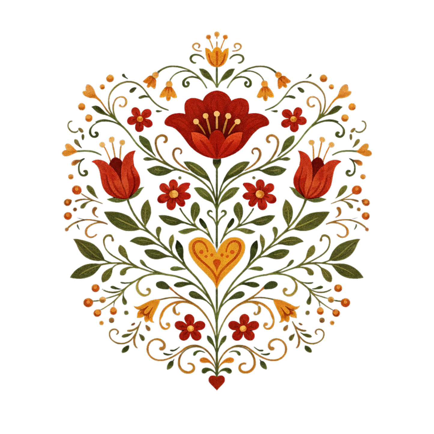 Golden Heart Bloom Folk Garden – Unique Folk Floral T-Shirt Design