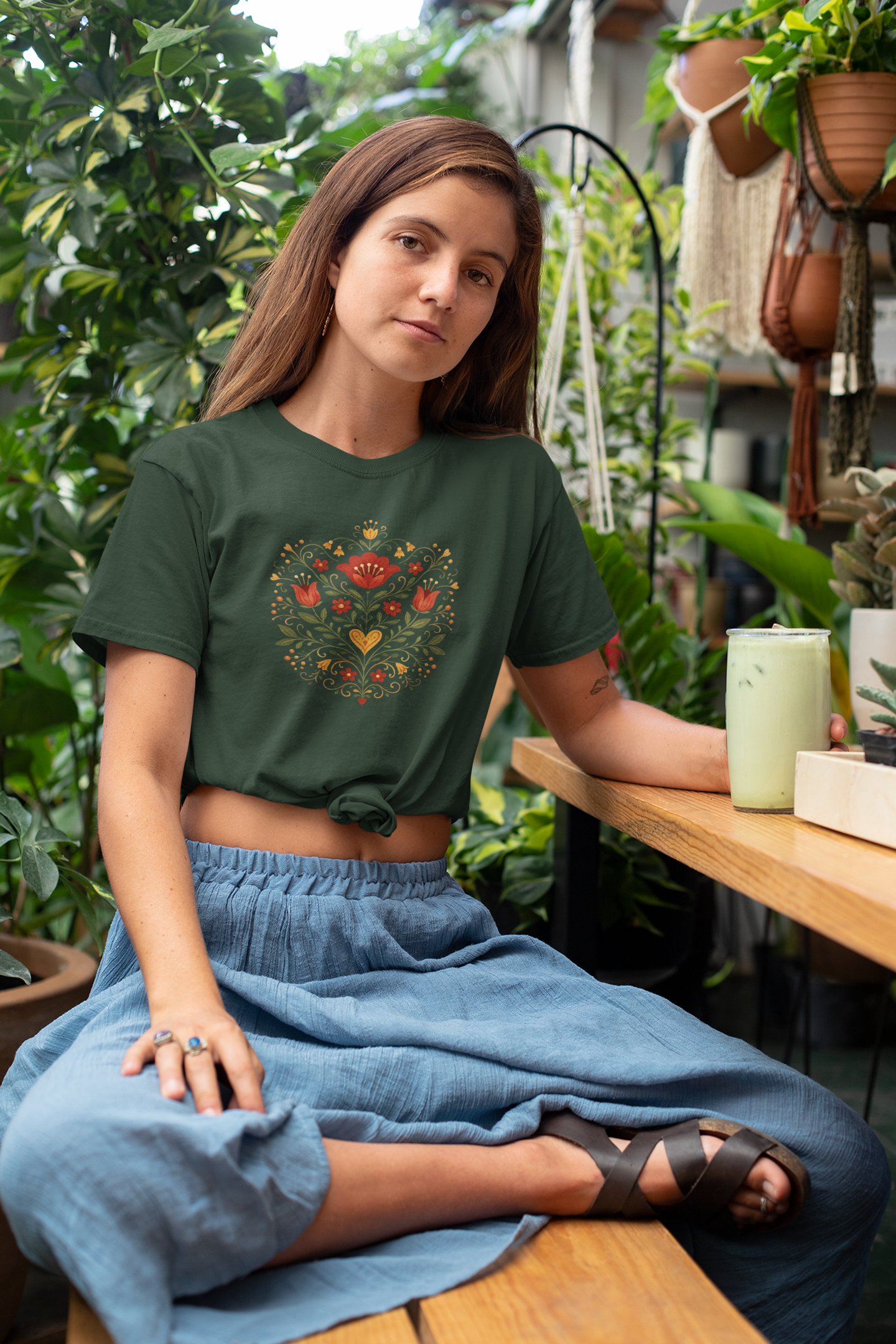 Golden Heart Bloom Folk Garden – Unique Folk Floral T-Shirt Design