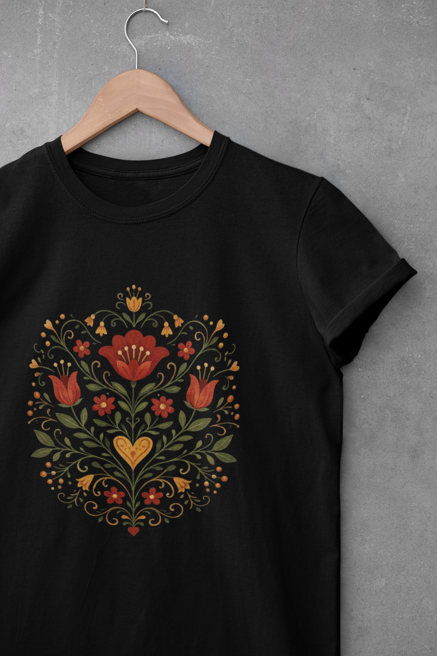 Golden Heart Bloom Folk Garden – Unique Folk Floral T-Shirt Design