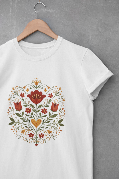 Golden Heart Bloom Folk Garden – Unique Folk Floral T-Shirt Design