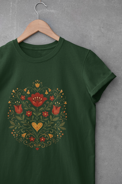Golden Heart Bloom Folk Garden – Unique Folk Floral T-Shirt Design