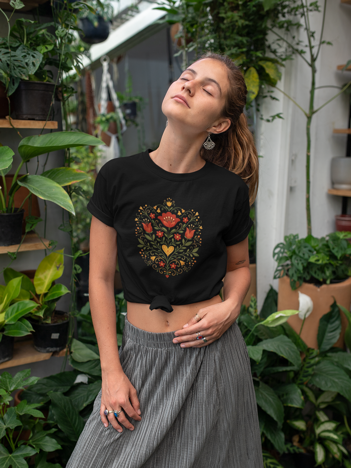 Golden Heart Bloom Folk Garden – Unique Folk Floral T-Shirt Design