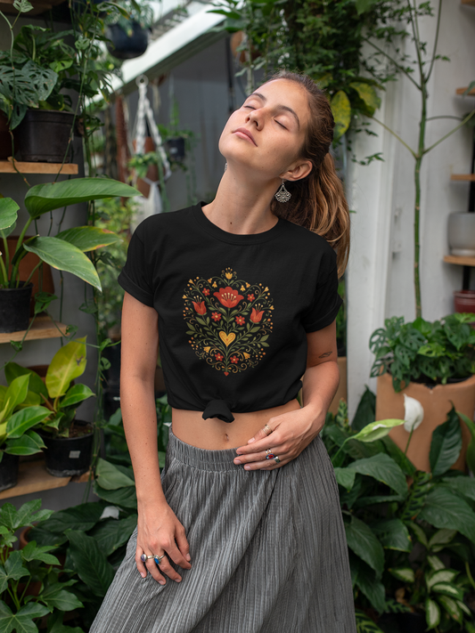 Golden Heart Bloom Folk Garden – Unique Folk Floral T-Shirt Design